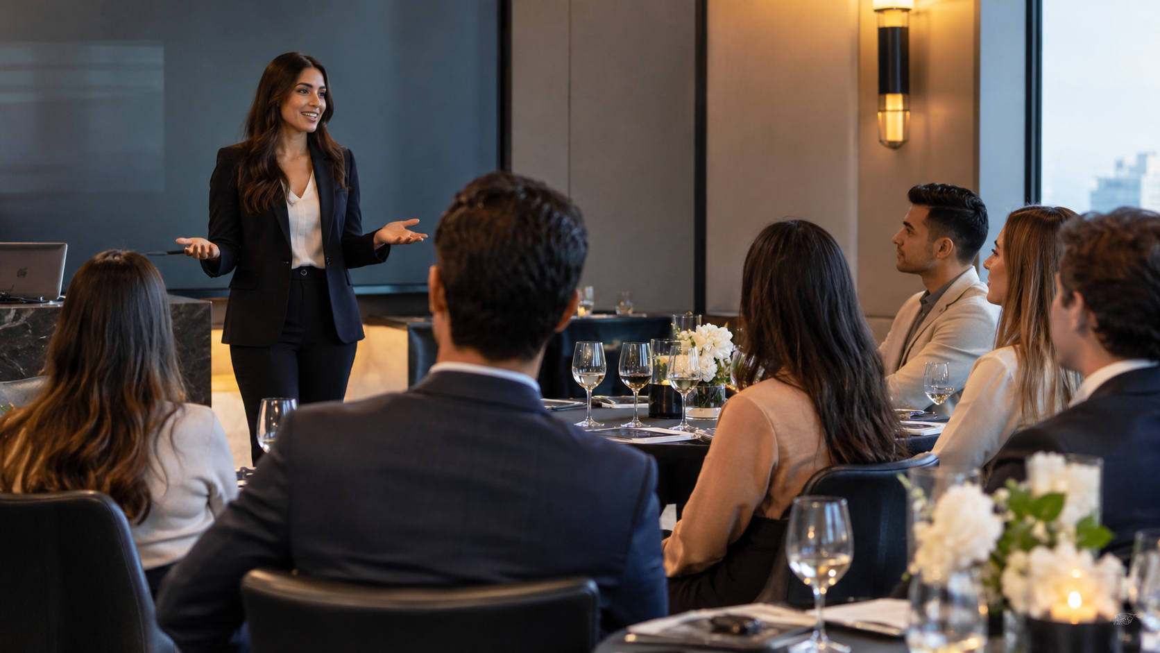 Business dining etiquette training session with professionals at a formal table